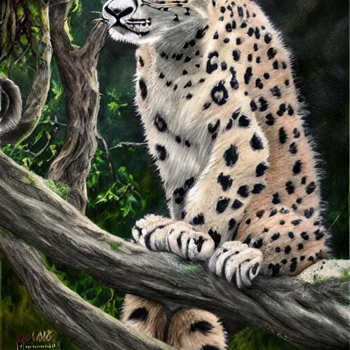 Prompt: anthropomorphic!!!!! snow leopard leaning against a tree with a bow, trending on artstation, fantasy, hyperrealistic, detailed, intricate, full of colour