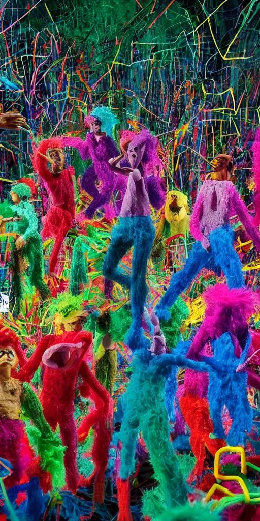 Image similar to group of giant rainbow-colored people dancing in a forest made out of fluffy pipecleaners and crumpled foil in the style of Jean-Michel Basquiat, 3D cinematic lighting, spotlight at a 90 DEGREE ANGLE, photorealism, octane render, depth of field, 8k, 35mm, artgem, Trending on artstation