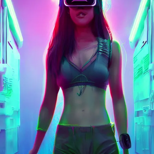 Image similar to a full body illustration of an asian female cyberpunk character wearing VR goggle implants, highly detailed, soft lighting, neon pastel colors, by WLOP, Guweiz, and Greg Staples, HD, 4K