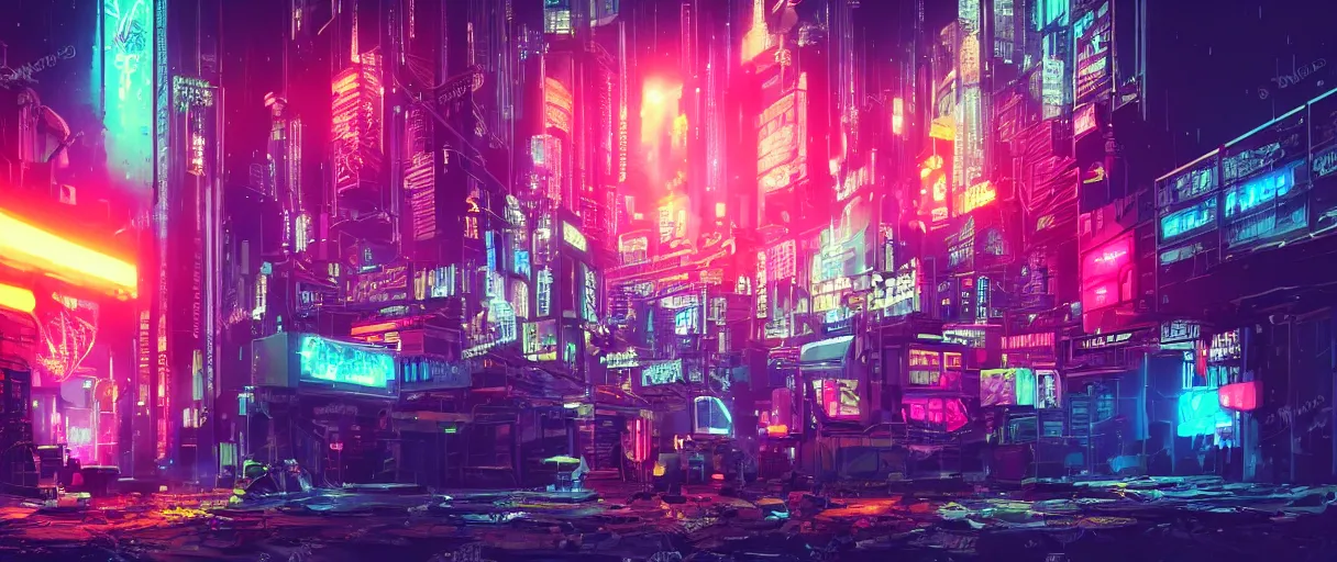 Prompt: an explosion in a glowing neon cyberpunk city at night , cinematic atmosphere, establishing shot