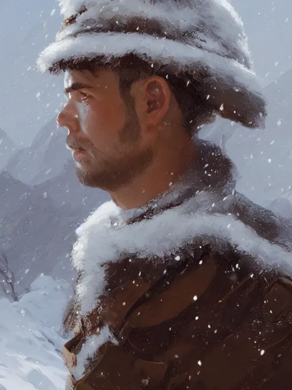 Image similar to an ultradetailed beautiful portrait painting of an explorer marching in the snowy mountains, side view, oil painting, high resolution, by ilya kuvshinov, greg rutkowski and makoto shinkai