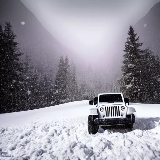 Prompt: white jeep wrangler driving up snow covered mountain on edge of a cornice, dreamy atmosphere, snowing, dramatic lighting, cinematic, photo realism