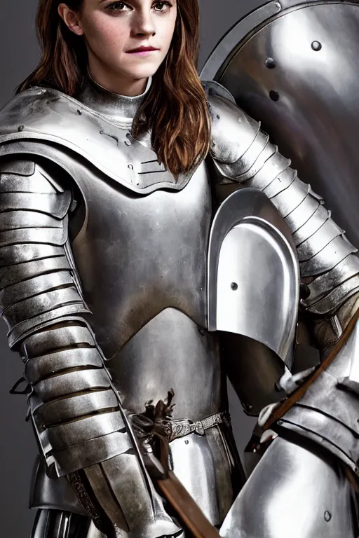 Prompt: Emma Watson as Joan of Arc for an upcoming movie, full suit of plate armor, promo shoot, studio lighting