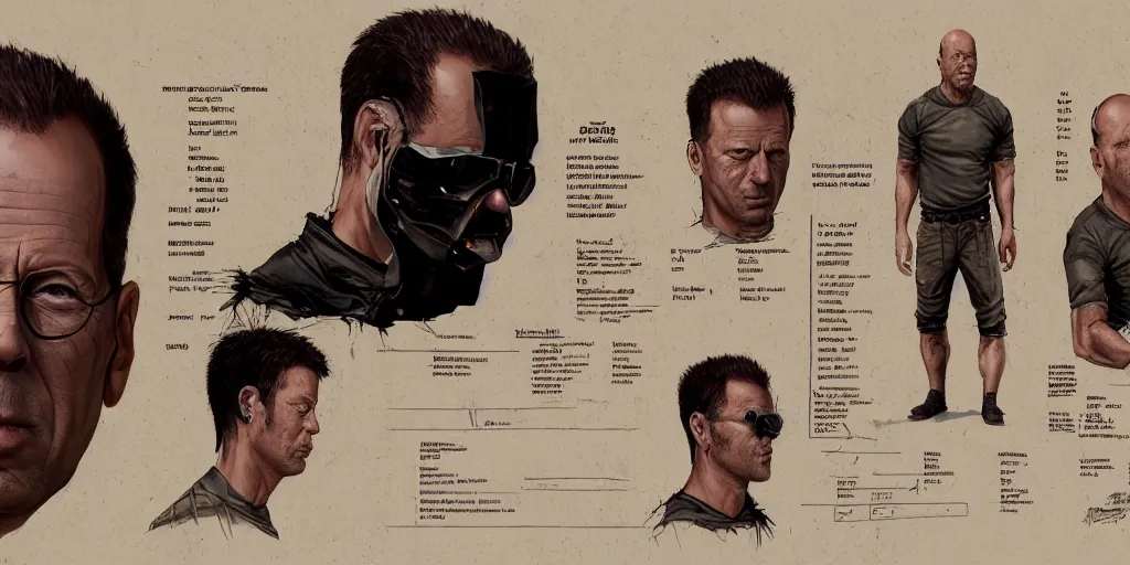 Image similar to bruce willis portrait, character sheet, concept design, contrast, kim jung gi, greg rutkowski, zabrocki, karlkka, jayison devadas, trending on artstation, 8 k, ultra wide angle, pincushion lens effect