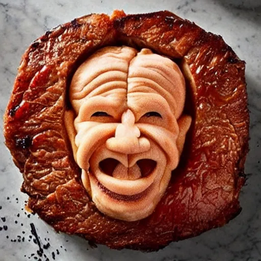 Image similar to chuck roast norris, food photo of chuck norris face carved into chuck roast