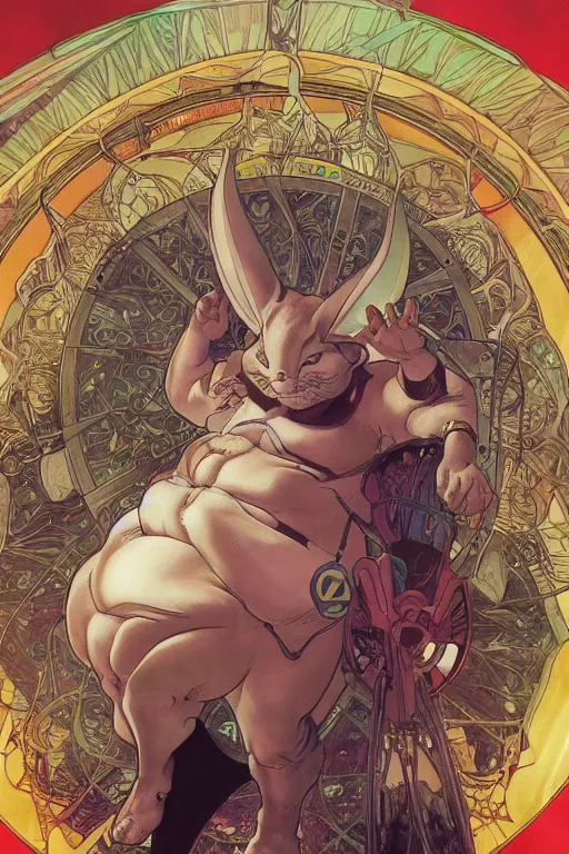 Image similar to big chungus emerging from a stargate, by artgerm and yoshitaka amano and moebius and alphonse mucha, hyperdetailed, dc comics, ornate, nebula, explosions in the sky, trending on artstation