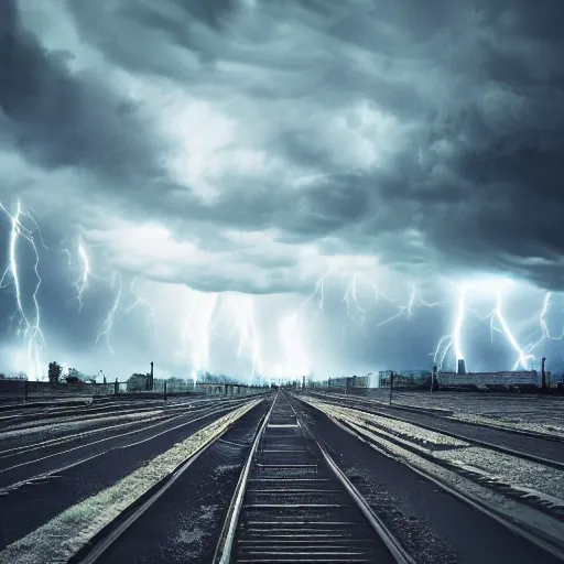 Prompt: Stormy sky with thunders, pipes and vaults system beneath, depth of field, blueshift render, photorealistic