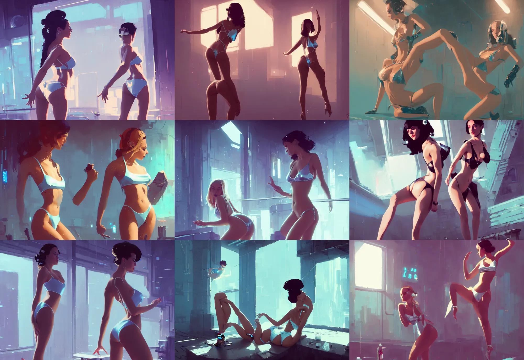 Prompt: a lascivious young woman dancer in studio, shiny bikini, cyberpunk, fantasy, by atey ghailan, by greg rutkowski, by greg tocchini, by james gilleard, by joe gb fenton, by in kaethe butcher, dynamic lighting, gradient light blue, brown, blonde cream and white color in scheme, grunge aesthetic