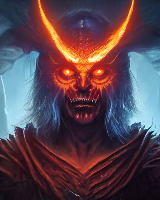 Image similar to Demon sorcerer, solo, one character, portrait, Path of Exile, Warhammrer, Diablo, Magic the Gathering, fantasy, gritty, cinematic lighting, centered, centered, symmetrical, symmetrical, highly detailed, digital painting, Artstation, concept art, sharp focus, 8k