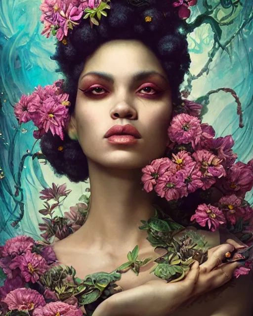 Image similar to portrait of the mulatto queen of the underworld, surrounded by flowers by karol bak, james jean, tom bagshaw, rococo, sharp focus, trending on artstation, cinematic lighting, hyper realism, octane render, 8 k, hyper detailed.