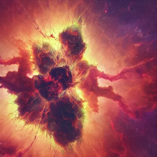 Prompt: two demons hug inside of an exploding nebula, beksinski, dariusz zawadzki, very coherent symmetrical artwork. cinematic, hyper realism, high detail, octane render, 8 k