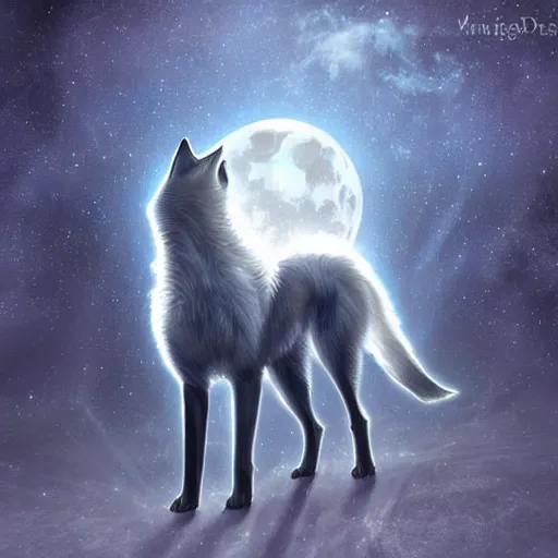 Image similar to a wolf made out of clear crystal with moon shining through it, fantasy art, high definition, lens flares