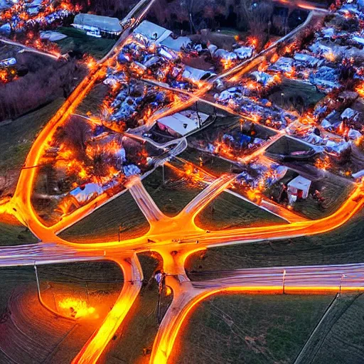 Prompt: birds eye view of a small town in pennsylvania with a gate to hell opening in the middle of it, high resolution photograph, intense, dawn light