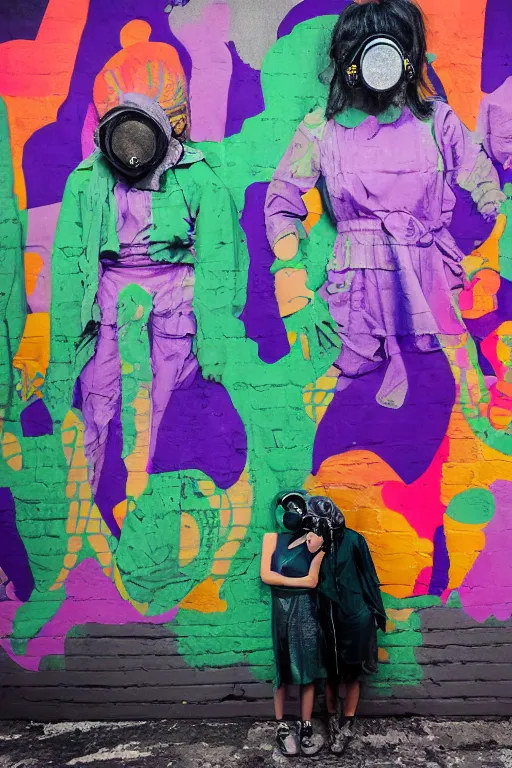 Prompt: a surreal portrait of two women wearing gas masks camouflaged into a wall of colorful graffiti in the style of brooke didonato, editorial fashion photography from vogue magazine, full shot, nikon d 8 1 0, ƒ / 2. 5, focal length : 8 5. 0 mm, exposure time : 1 / 8 0 0, iso : 2 0 0