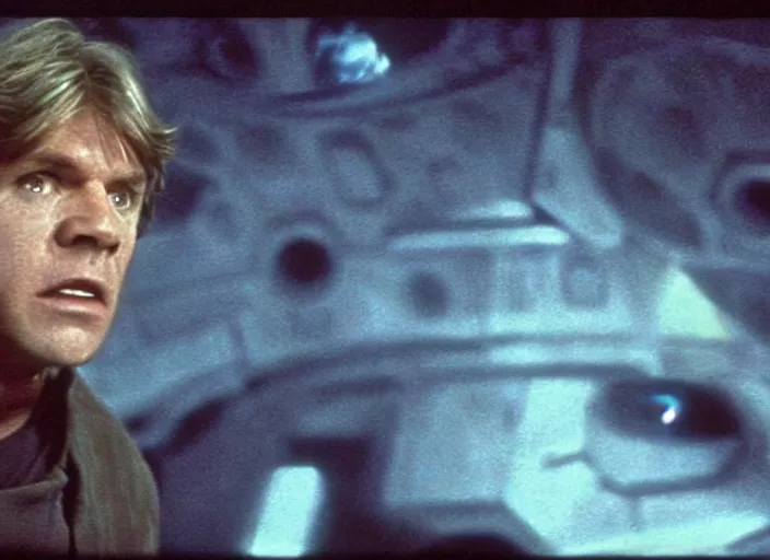 Prompt: screenshot from the lost star wars film, the lost jedi, scene of Han Solo on the millenium falcon, he's talking to a small blue hologram of Luke Skywalker, iconic scene from the 1980s sci fi thriller directed by Stanely Kubrick film, color kodak stock, anamorphic lenses, detailed faces, moody cinematography