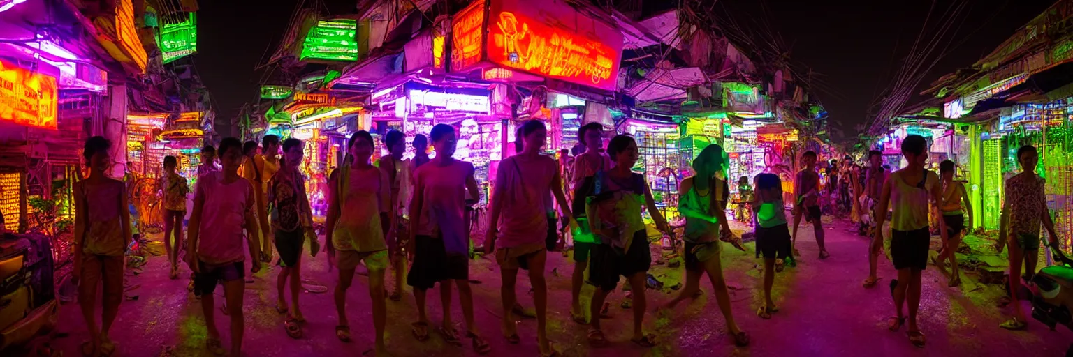 Image similar to Cyberpunk Residents, futuristic Phnom-Penh Cambodia, neon dark lighting