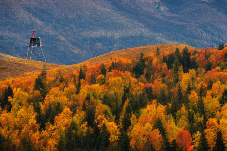 Image similar to a mountain with a radio tower next to a pond, autumn hills in background. telephoto lens photography.