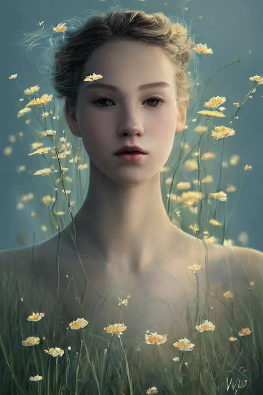 Prompt: stunningly beautiful, prima ballerina in flowery meadow, symmetrical face, golden hour, smooth, focus, highly detailed, hyper realistic, dramatic lighting, elegant, intricate, concept art, art by wlop, mars ravelo, greg rutowski, artstation