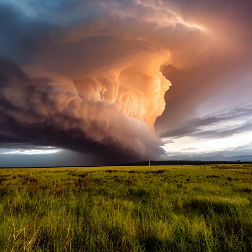 Image similar to fantastic shot of a mature supercell thunderstorm, illuminated at varying heights by the setting sun. dslr