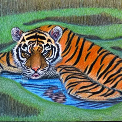 Image similar to drawing of a tiger cubs sleeping in a pond of black oil, red ballpoint pen, outsider art style