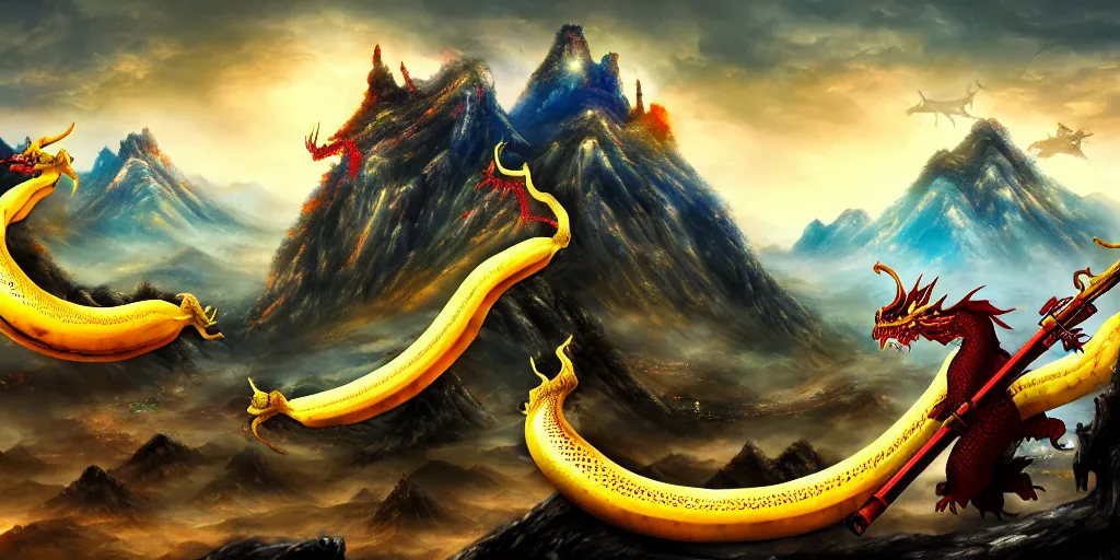 Image similar to Chinese president, bananas weapon, battle, dragon, centered, highly detailed, mountains, epic composition, background, fantasy art, oil painting, 4k