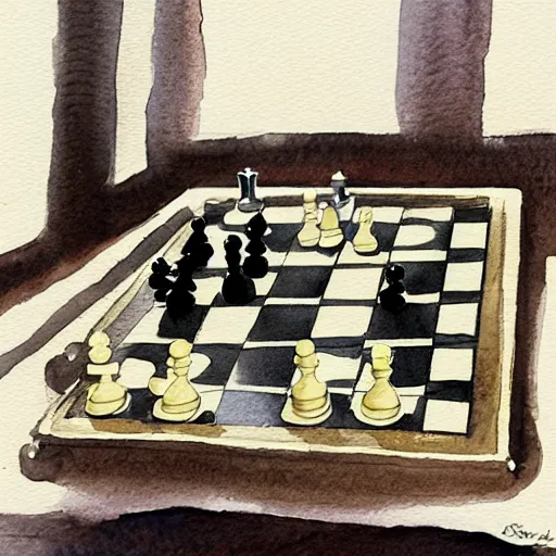 Image similar to a hamster playing chess, seen from the opponents view across the board, watercolour