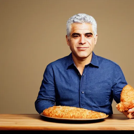 Image similar to award winning studio portrait of yair lapid holding a schnitzel in the shape of the state of israel