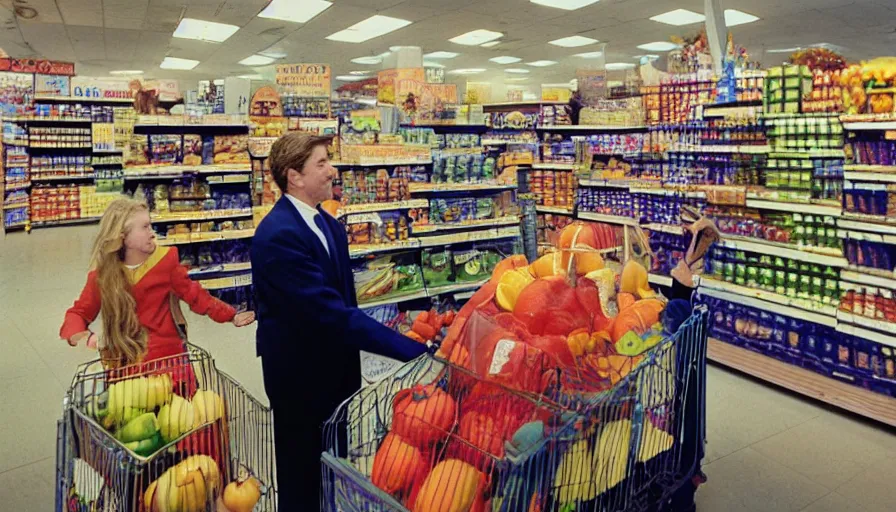 Prompt: 1990s candid photo of a beautiful day at the grocery store, cinematic lighting, cinematic look, golden hour, large costumed mascot business people giving space presentations to families, Enormous personified business people with outstandingly happy faces coming out of a portal and talking to families about space, UHD