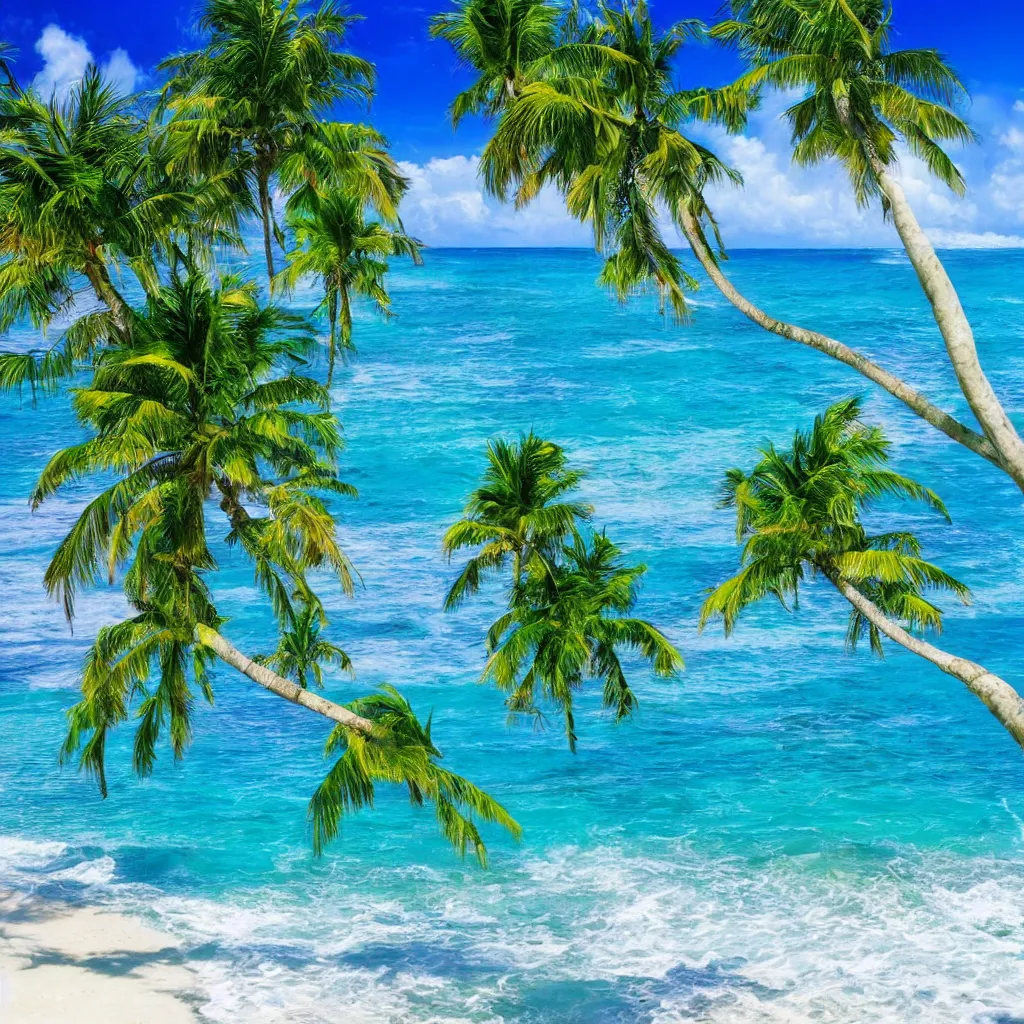 Prompt: Tropical beach landscape, blue water waves crashing on the beach, palm trees