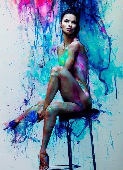 Image similar to adriana lima by agnes cecile, sitting on a stool, bent over posture, full body portrait, extremely luminous bright design, pastel colours, ink drips, autumn lights