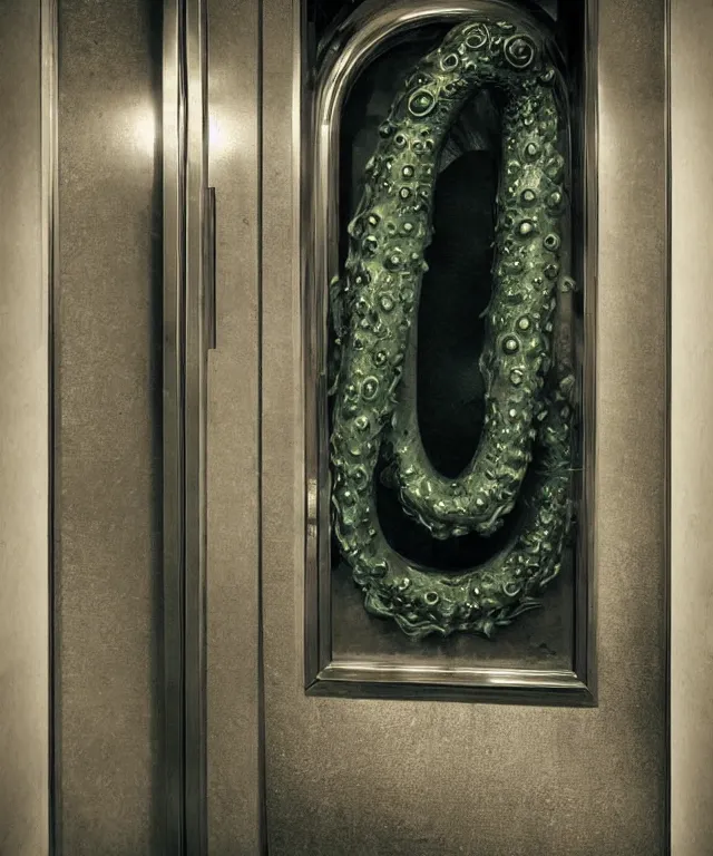 Image similar to horrifying full color photorealistic image an old hotel elevator lobby, elevator doors look like a mouth, with a tentacle - shaped tongue, licking out, dark, atmospheric, brooding, smooth, finely detailed, cinematic, epic, in the style of lee gibbons