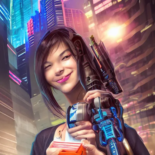 Prompt: symmetrical, full body portrait of a cyberpunk teenage girl on a futuristic skateboard holding a parcel under one arm and a magnetic harpoon in her opposite hand, grinning slyly, City lighting, depth of field, photography, saturated colors, highly detailed, by Stanley Artgerm Lau, WLOP, Rossdraws, James Jean, Andrei Riabovitchev, Marc Simonetti, and Sakimichan, 4k resolution