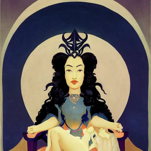 Prompt: an illustration of a fair skin with dark curly stylised hair queen on an ivory throne, by nicholas roerich, by frank frazetta by georgia o keeffe by frederick william elwell, by otomo, by hans emmenegger, by eyvind earle highly detailed, realistic, outline, line work, fantasy, oriental, stylised flat colors, animation