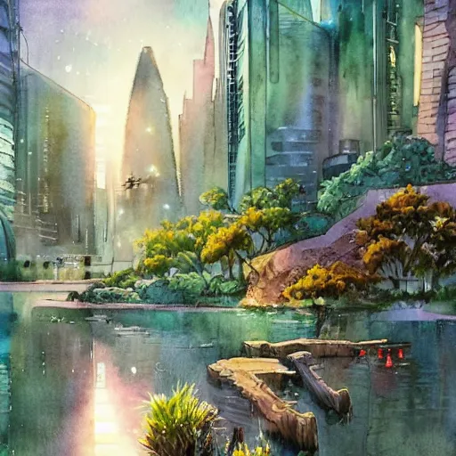 Prompt: Beautiful happy picturesque charming sci-fi city in harmony with nature. Beautiful light. Water and plants. Nice colour scheme, soft warm colour. Beautiful detailed watercolor by Lurid. (2022)