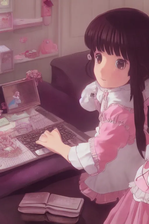 Image similar to a little girl in a maid outfit with dark brown hair in her pink bedroom on a princess sofa with stuffed animals programming on a laptop with a black screen, detailed eyes, 4 k resolution by krenz cushart and akihito yoshida and makoto shinkai