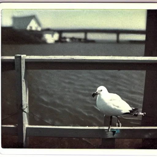 Prompt: photo polaroid of a seagull sitting on fence Norman Rockwell