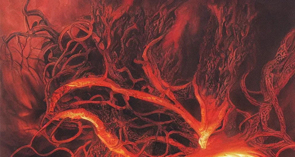 Prompt: a volcano made of ivory vines and crimson rocks enters in eruption, it spits a smoke in the shape of demonic eye, by Brian Froud
