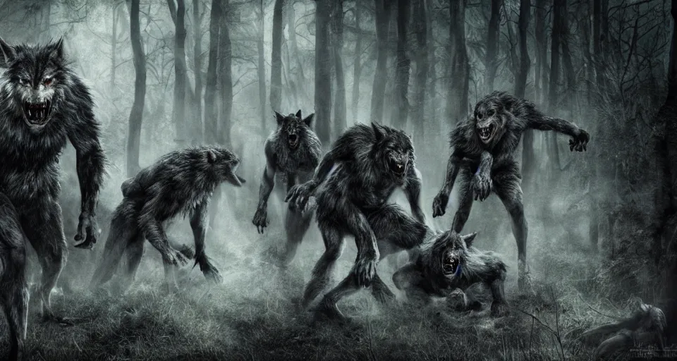 Image similar to an epic action photorealistic masterpiece of a pack of werewolves, in a forest made of nightmares, horrific digital art, extremely moody lighting, style of chippy