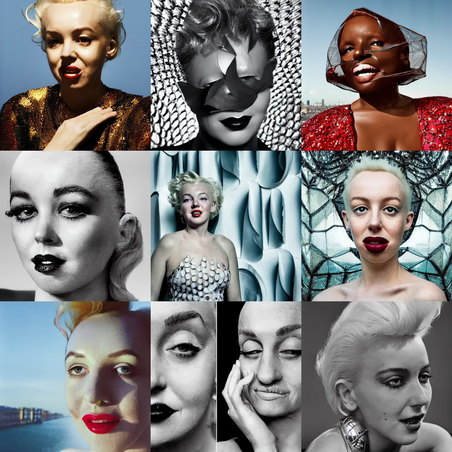 Prompt: a close up portrait of marylin munroe with background scenery by juergen teller, iris van herpen, rankin, ring - flash