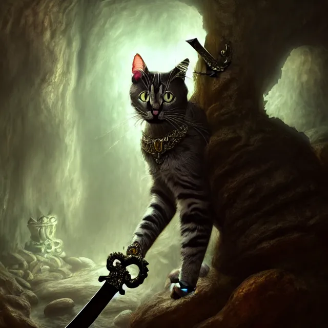 Prompt: photo of cat, holding a sword and standing in a grotto, photorealistic, dark, lovecraft, paul carrick, atmospheric lighting, painted, intricate, ultra detailed, well composed, best on artstation, cgsociety, epic, stunning, gorgeous, intricate detail, wow, masterpiece