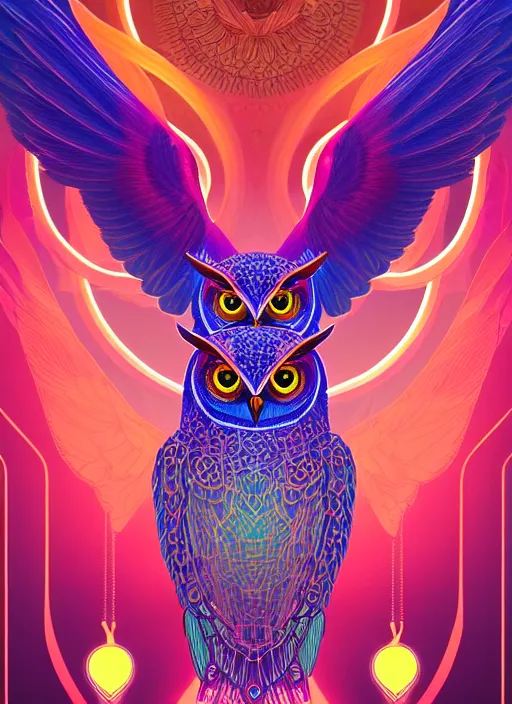 Image similar to symmetry!! product render poster vivid colors divine proportion owl, divine, glowing fog intricate, elegant, highly detailed, digital painting, artstation, concept art, smooth, sharp focus, illustration,