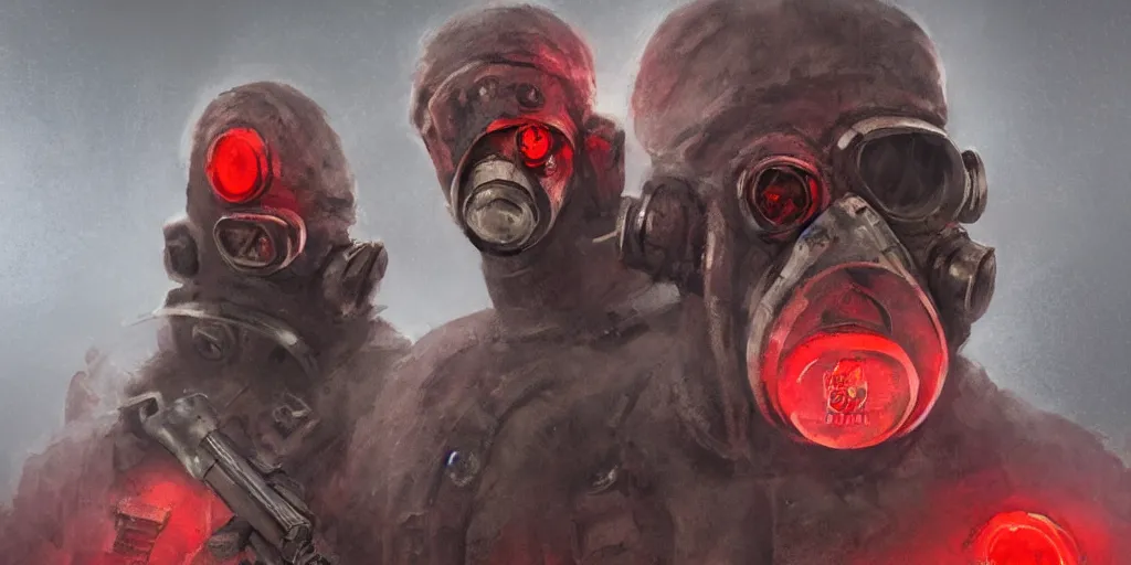 Image similar to buff soviet russian soldier wearing a demonic gasmask with glowing red eyes, concept art, digital portrait, horror, creepy, concept art, military art, dark fantasy art, sci - fi, retrofuturism