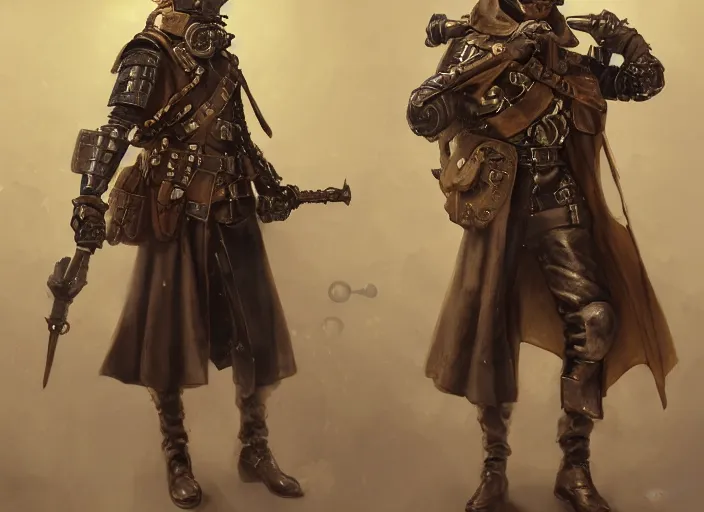 Image similar to 1 5 th century spanish soldier, steampunk, cogs side equipment, vapor and steam, game character concept art, wide view, high detailed, full perfect, full body, symmetrical portrait, high detail, by craig mullins, peter mohrbacher, unreal engine, octane rendered, 8 k, dark beauty, trending on artstation