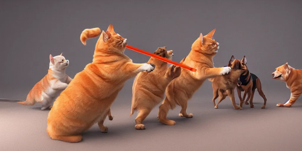 Prompt: Fat orange tabby cat fighting a pack of dogs with a light saber, digital art, octane render, trending on DeviantArt, 8k