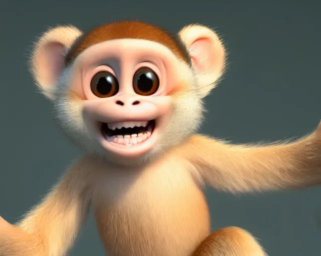 Image similar to 3D Pixar movie animation render of the cutest little fluffy monkey capuchin with a tail with a big lovely grin smile sweet adorable cherub, octane render, pastel colors, soft clouds and soft gradient background