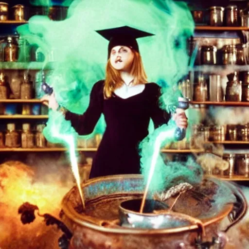 Image similar to teen witch mixing a spell in a cauldron with an owl next to her, wispy smoke, witch hat, studio photography, green glowing smoke is coming out of the cauldron, ingredients on the table, apothecary shelves in the background, still from sabrina the teenage witch