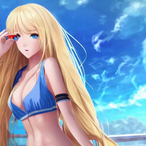 Prompt: a very beautiful young anime girl with 2 0 meters long blond hair, full body, long wavy 2 0 meters long blond hair, sky blue eyes, full round face,, bikini, miniskirt, front shot, playing a virtual reality game highly detailed, cinematic wallpaper by stanley artgerm lau