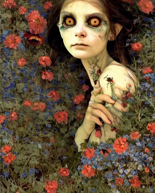 Prompt: a pretty but sinister and creepy goblin in layers of fear, with haunted eyes, violence in her eyes, 1 9 7 0 s, seventies, delicate embellishments, a little blood, woodland, blue dawn light shining on wildflowers, offset printing technique, by walter popp, alexandre cabanel