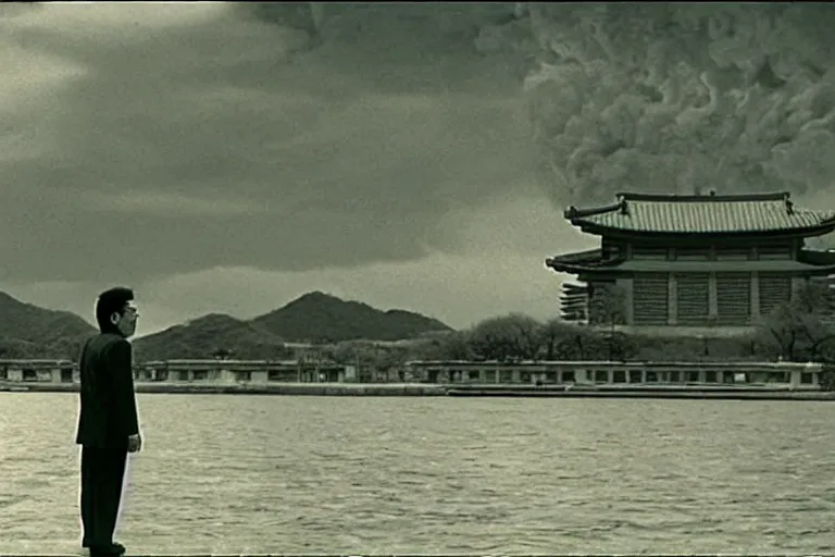 Image similar to a filmstill of Kim Jong-il looking at Starro Kaiju monster destroying Pyongyang, in Rashōmon by Akira Kurosawa (1950), traditional Korean city, palace, epic ultrawide shot, cinémascope