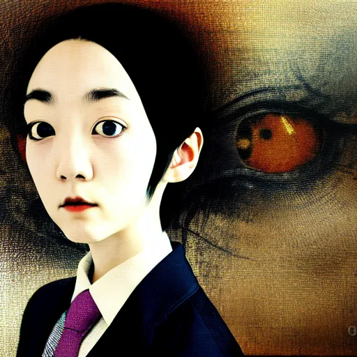 Image similar to yoshitaka amano blurred and dreamy realistic three quarter angle portrait of a young woman with short white hair and black eyes wearing office suit with tie, junji ito abstract patterns in the background, satoshi kon anime, noisy film grain effect, highly detailed, renaissance oil painting, weird portrait angle, blurred lost edges